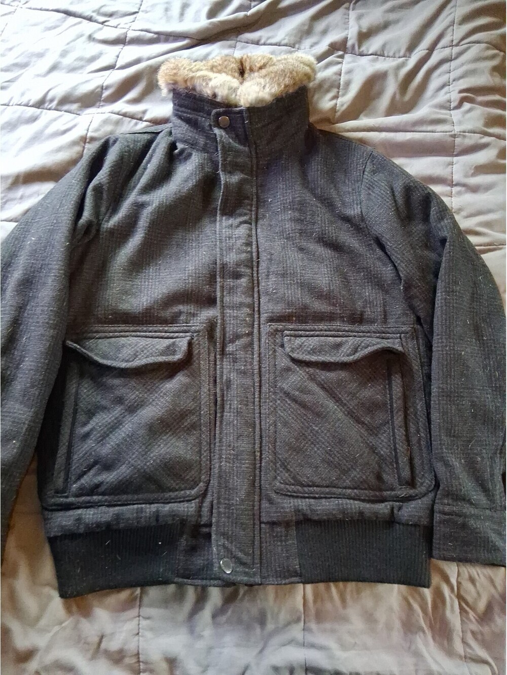 Joseph Abboud Collection Men's Gray Plaid Bomber Jacket Rabbit Fur Size M D2